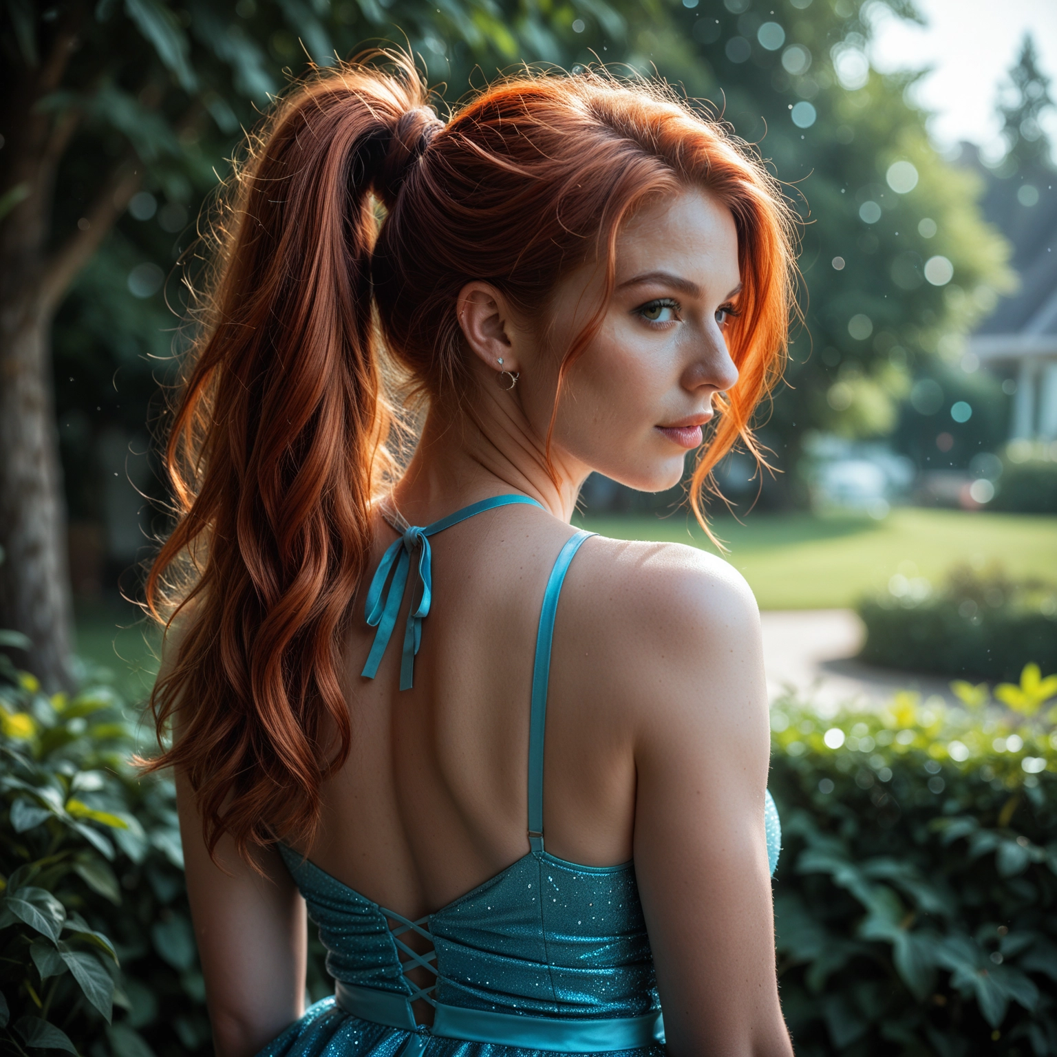 1girl, solo, dress, jewelry, looking back, blurry · Yamete.gg