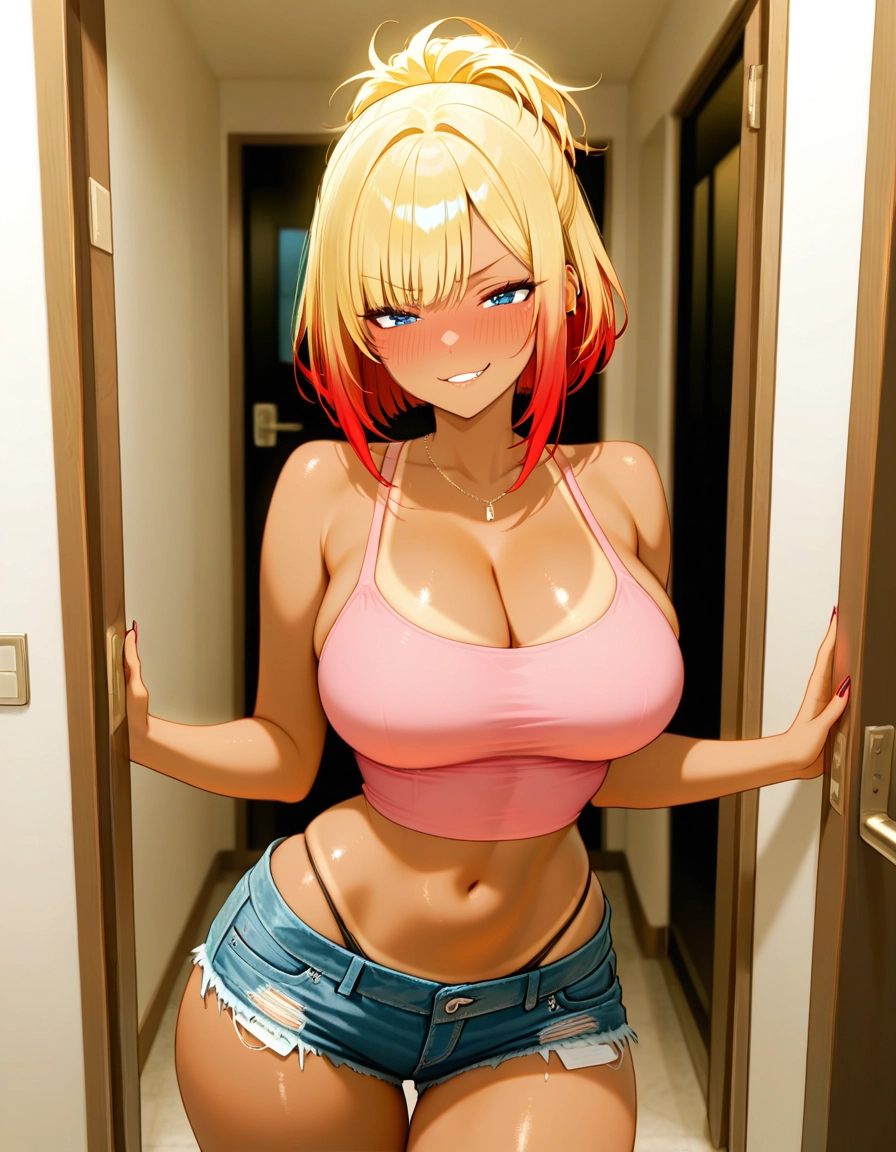 1girl, breasts, gyaru, solo, shorts, tan · Yamete.gg