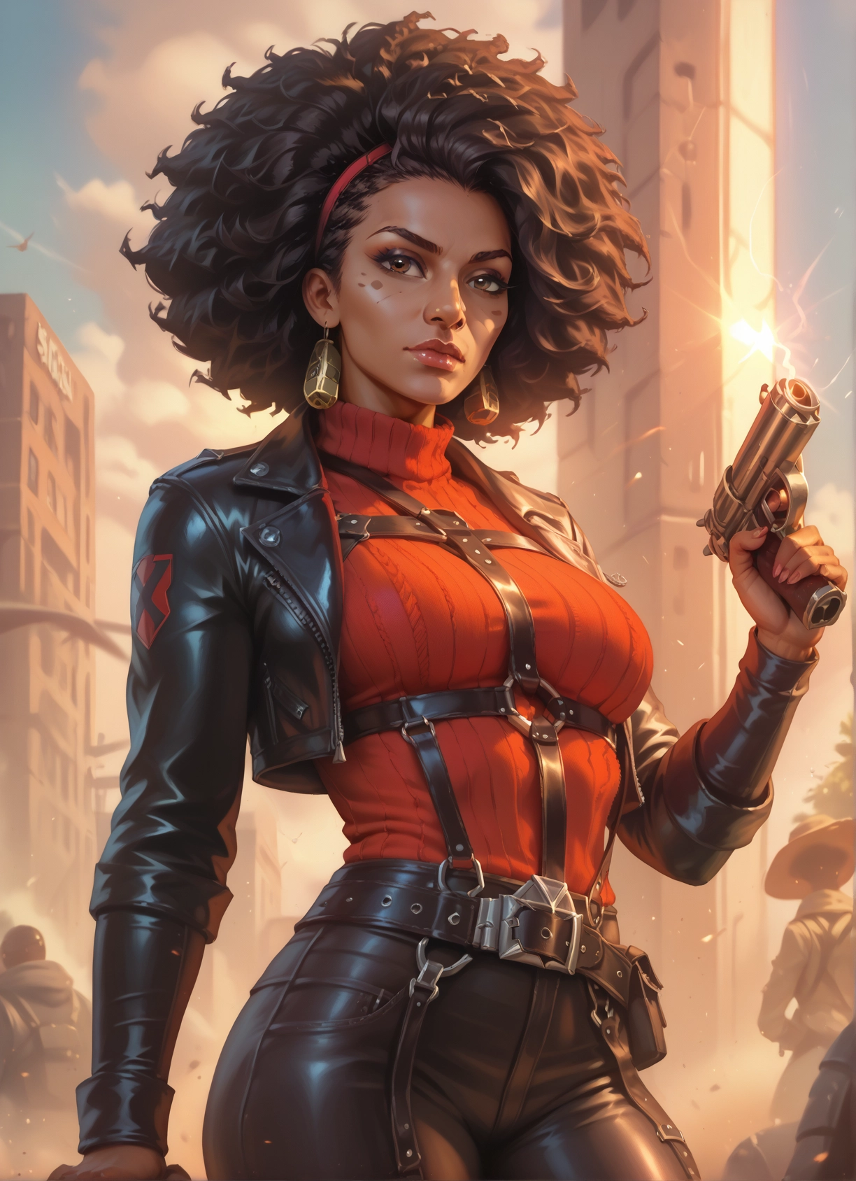 weapon, 1girl, gun, jewelry, earrings, jacket · Yamete.gg