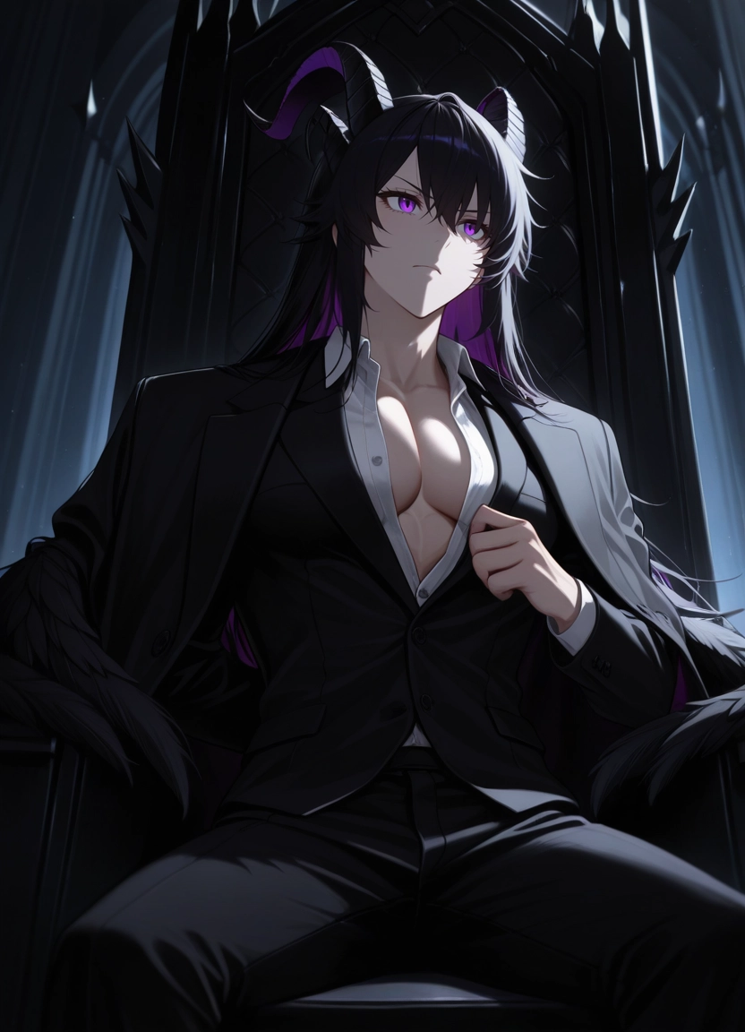 1girl, horns, breasts, sitting, solo, long hair · Yamete.gg