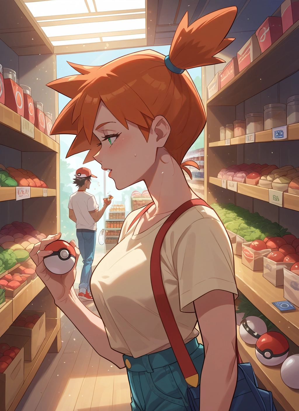 1girl, 1boy, orange hair, holding, side ponytail, shirt · Yamete.gg