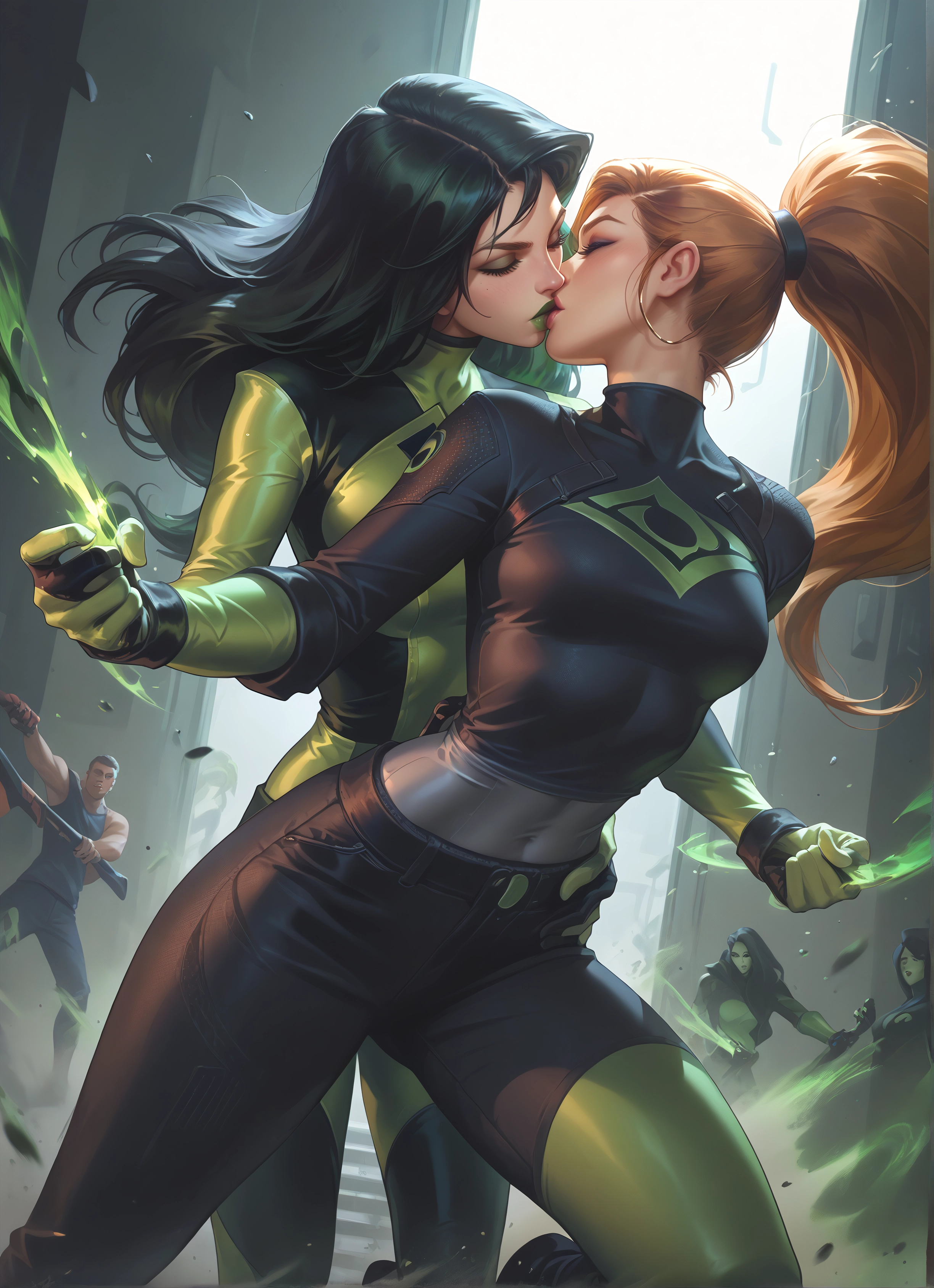 kiss, multiple girls, yuri, closed eyes, bodysuit, ponytail · Yamete.gg