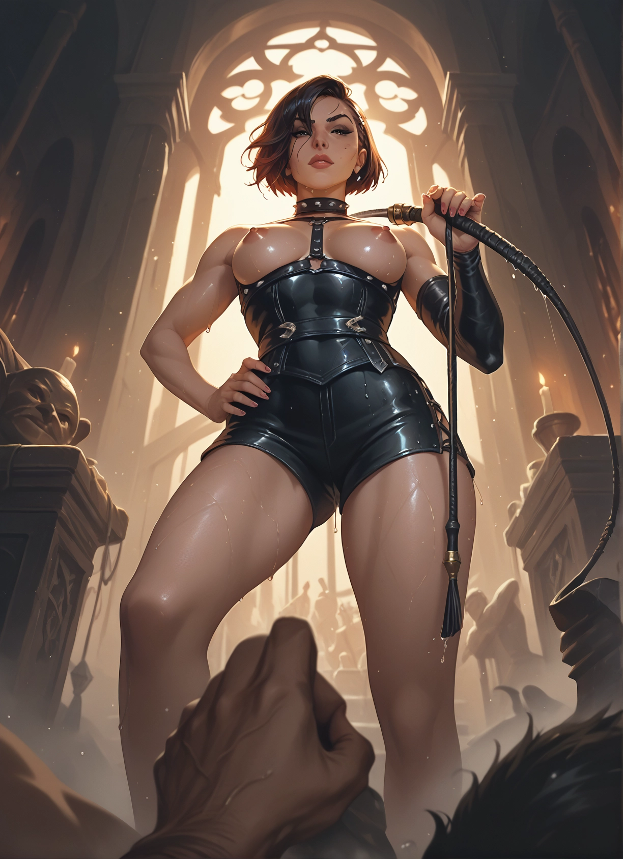 breasts, 1girl, nipples, whip, short hair, hand on hip · Yamete.gg