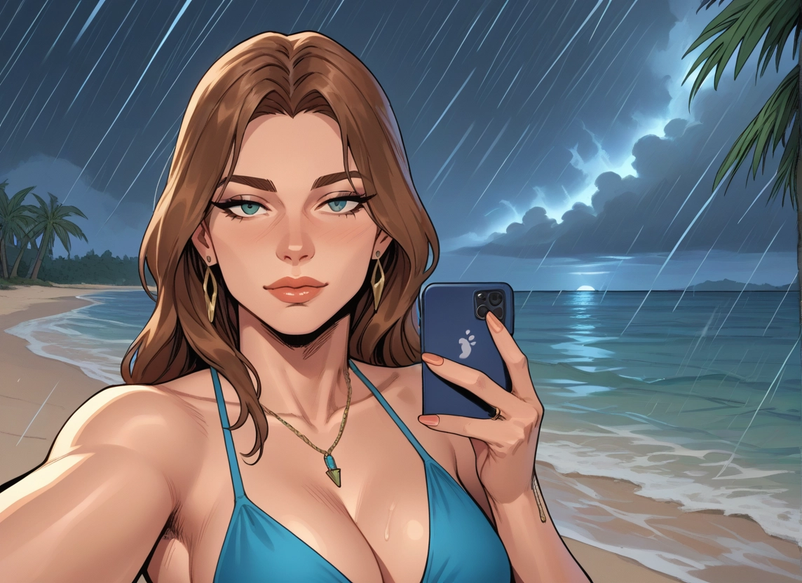 1girl, selfie, jewelry, breasts, brown hair, swimsuit · Yamete.gg