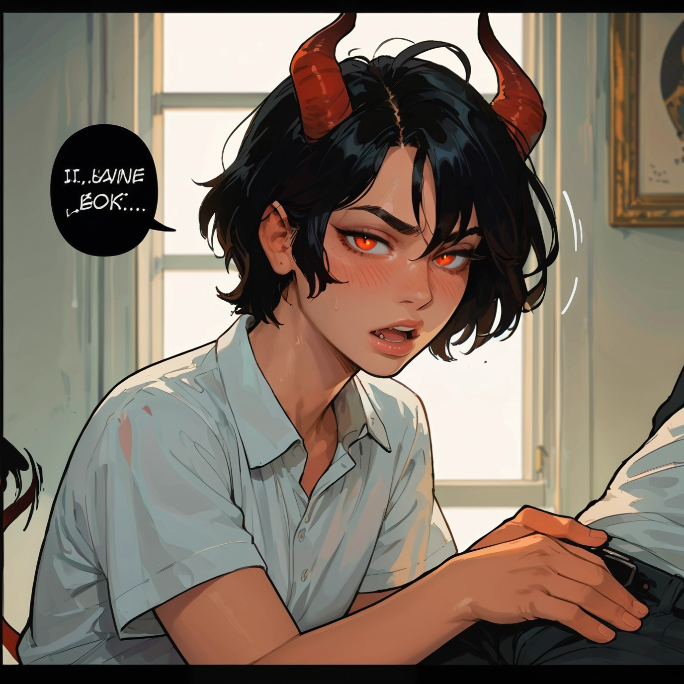 yaoi, horns, tail, black hair, demon boy, shirt · Yamete.gg