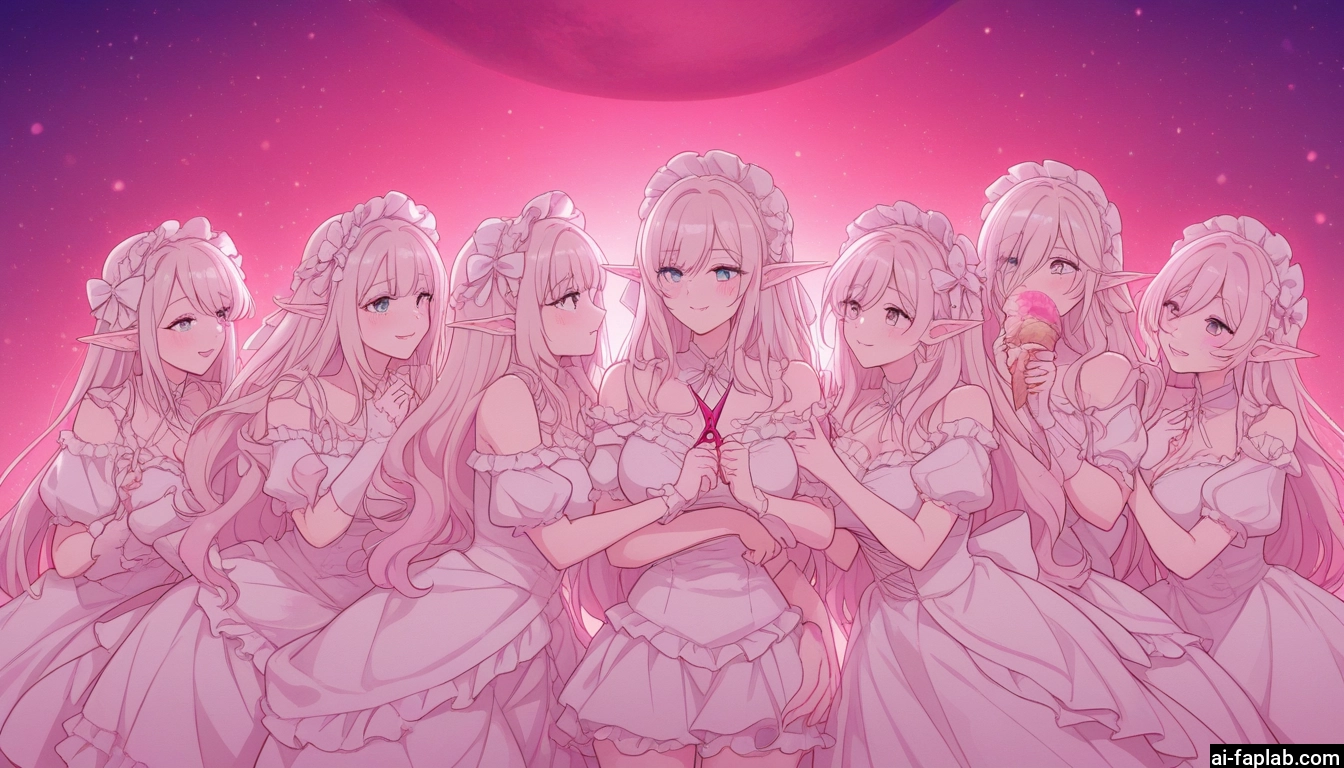 pointy ears, multiple girls, dress, food, long hair, ice cream