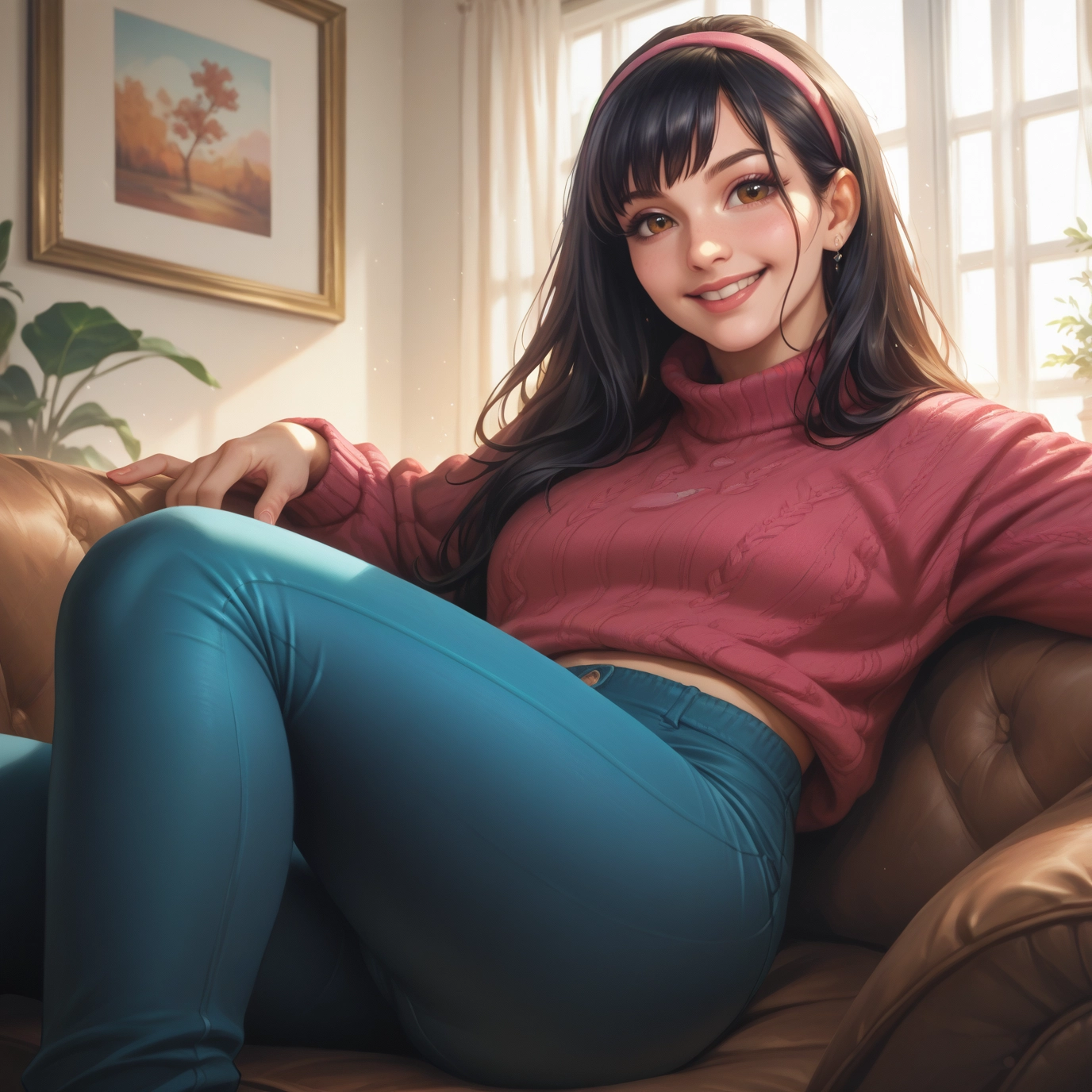 1girl, smile, solo, pants, sweater, hairband · Yamete.gg