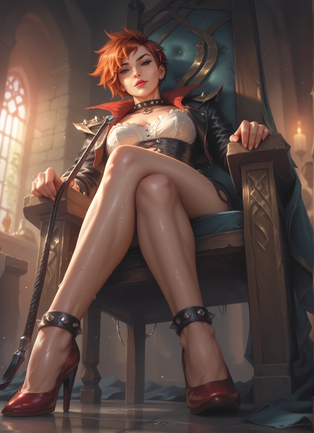1girl, high heels, sitting, crossed legs, jewelry, breasts · Yamete.gg