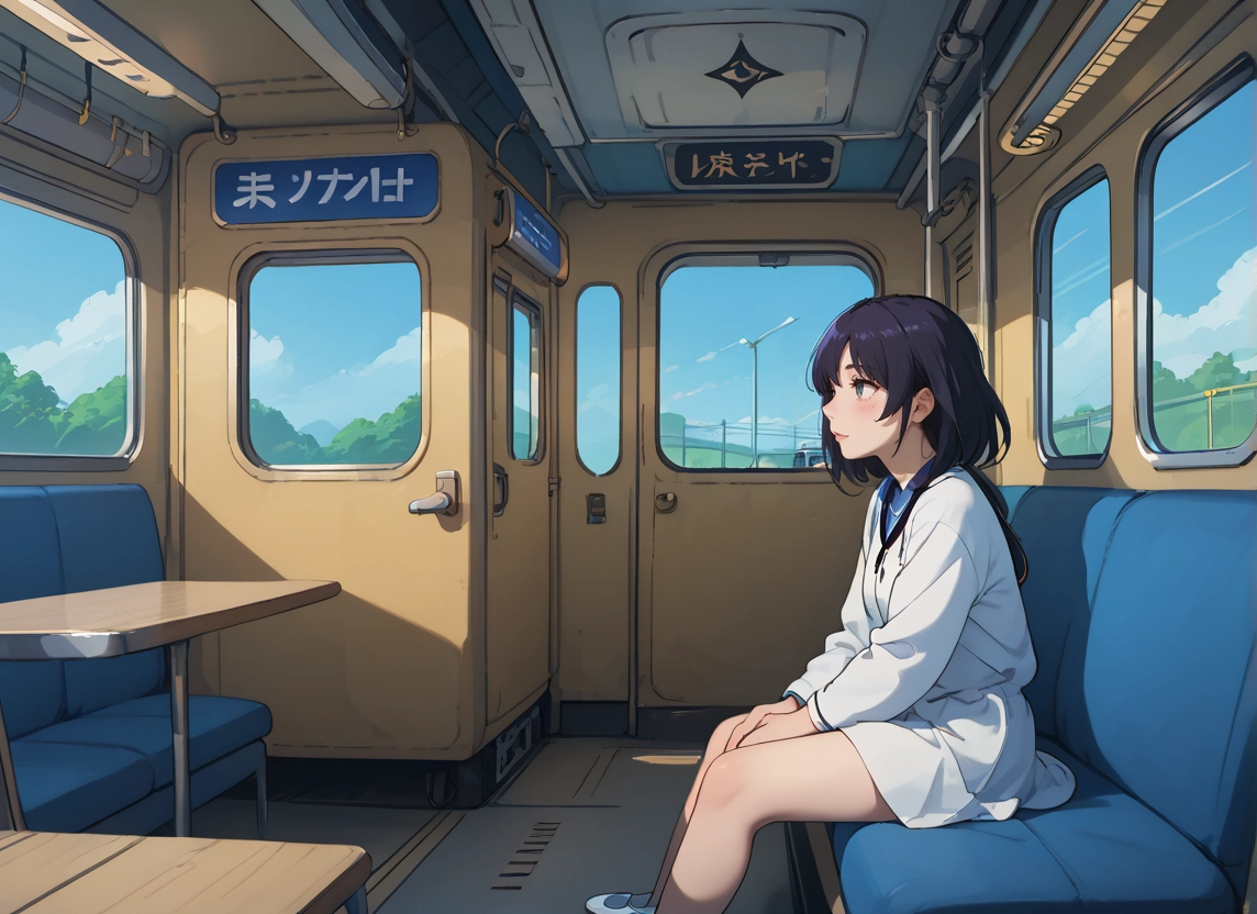 1girl, sitting, solo, train interior, black hair, seat · Yamete.gg
