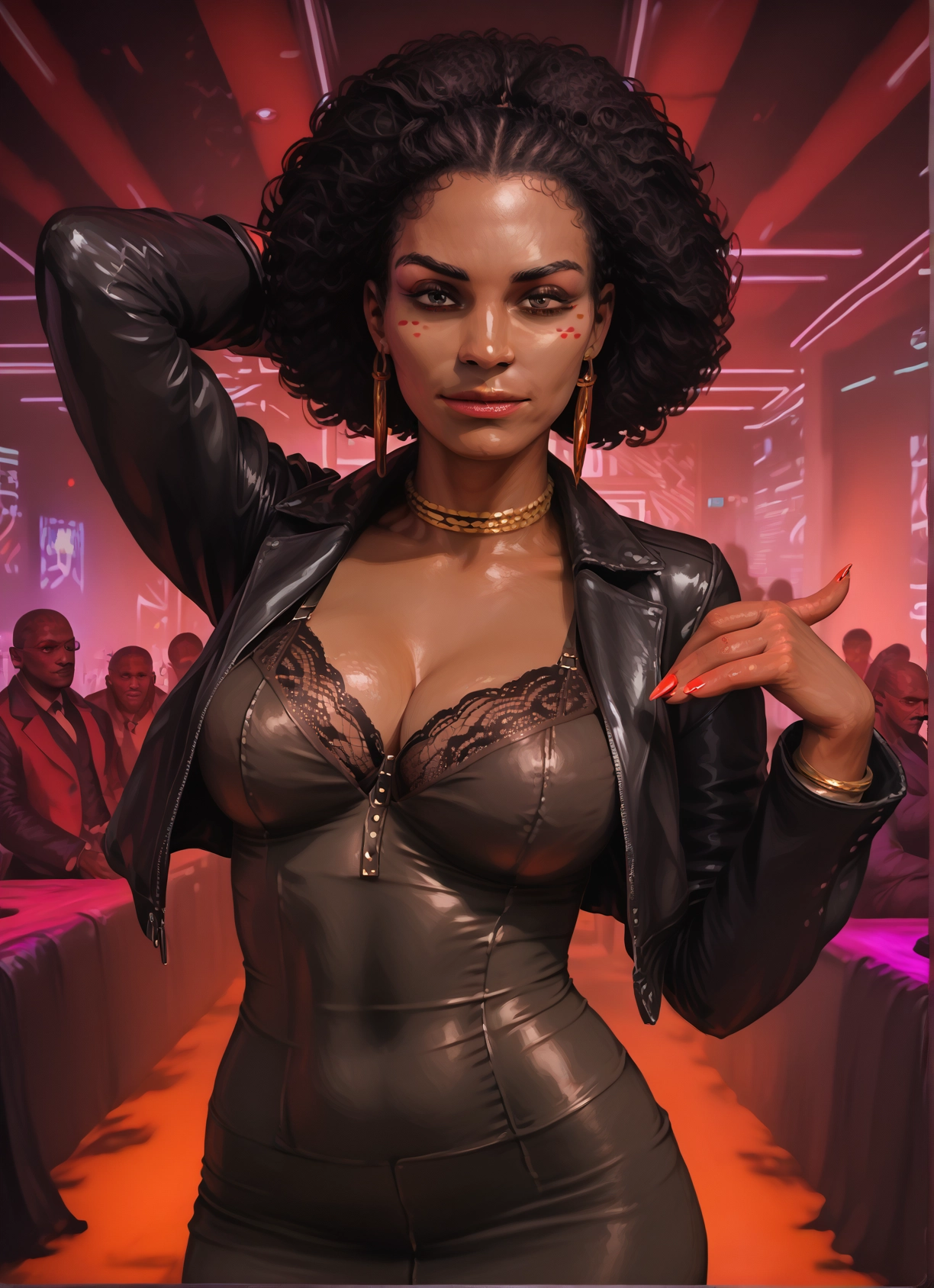breasts, jewelry, earrings, cleavage, underwear, jacket · Yamete.gg