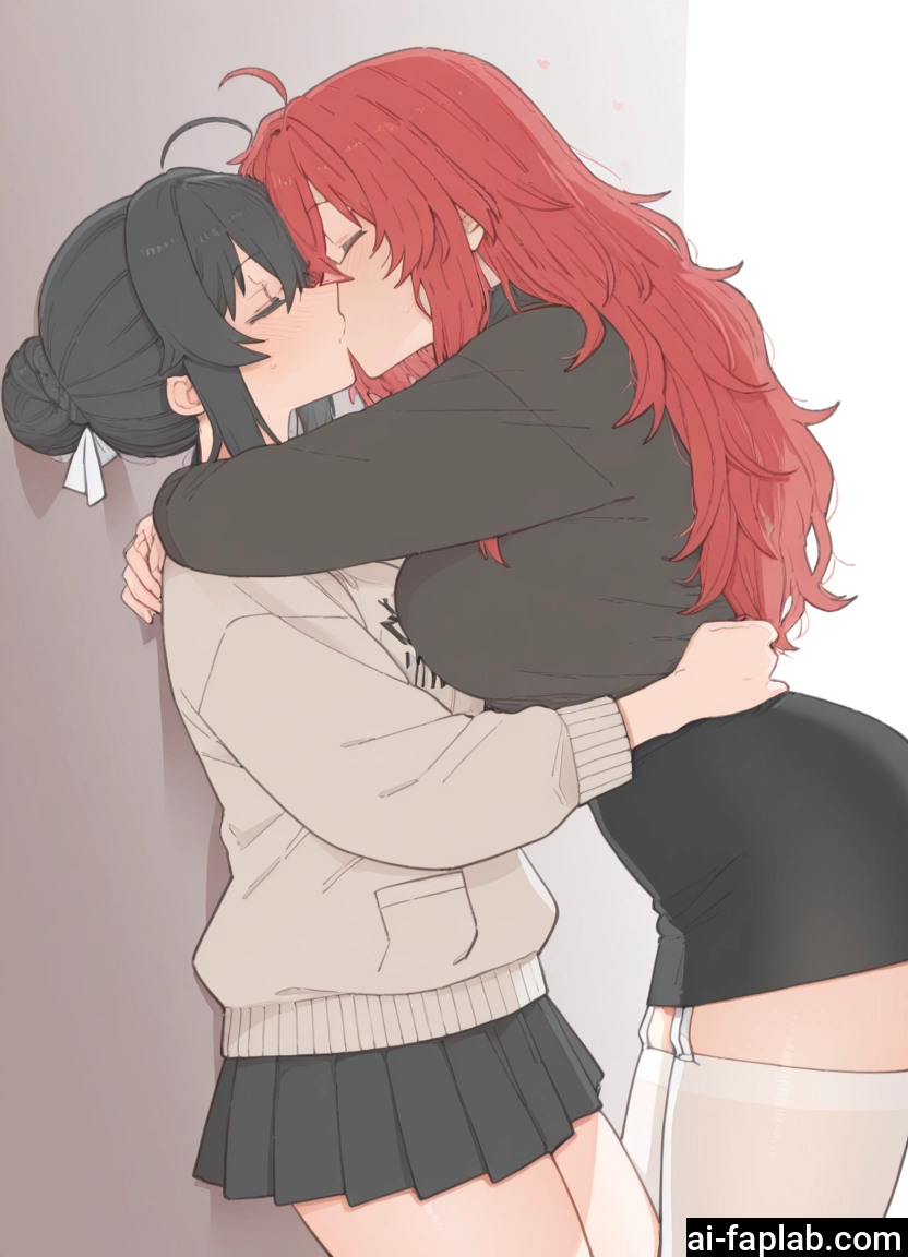 multiple girls, 2girls, yuri, kiss, skirt, thighhighs · Yamete.gg