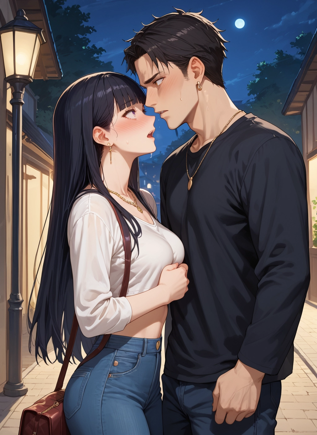 1girl, 1boy, black hair, long hair, jewelry, pants · Yamete.gg