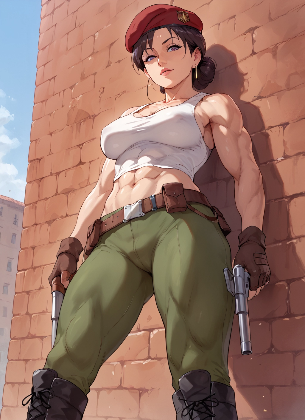 1girl, weapon, gun, hat, gloves, breasts · Yamete.gg