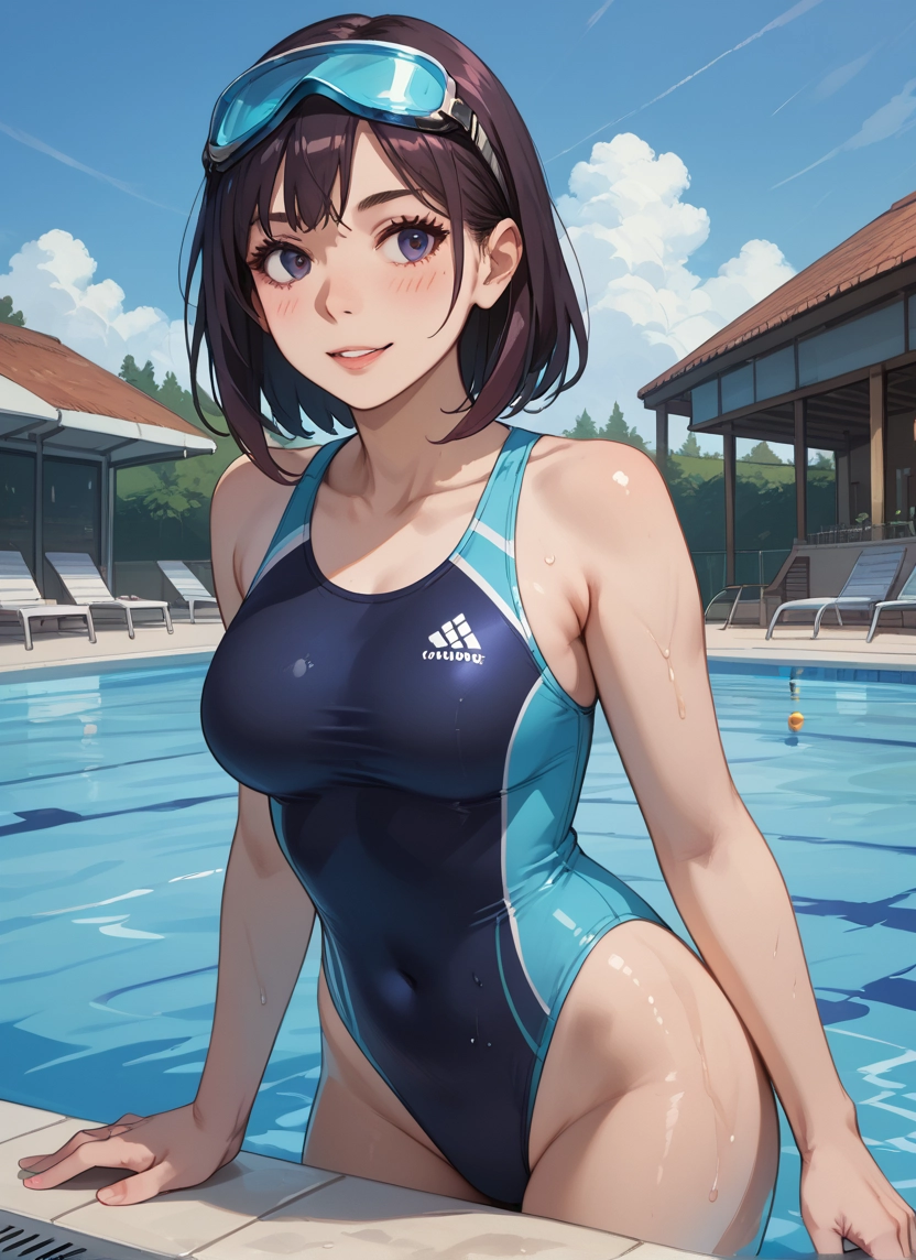 1girl, swimsuit, one-piece swimsuit, breasts, goggles, solo · Yamete.gg