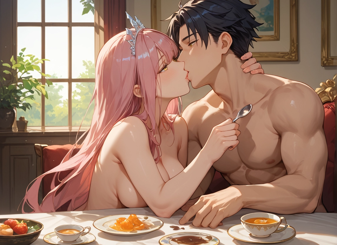 1girl, 1boy, pink hair, long hair, kiss, breasts · Yamete.gg