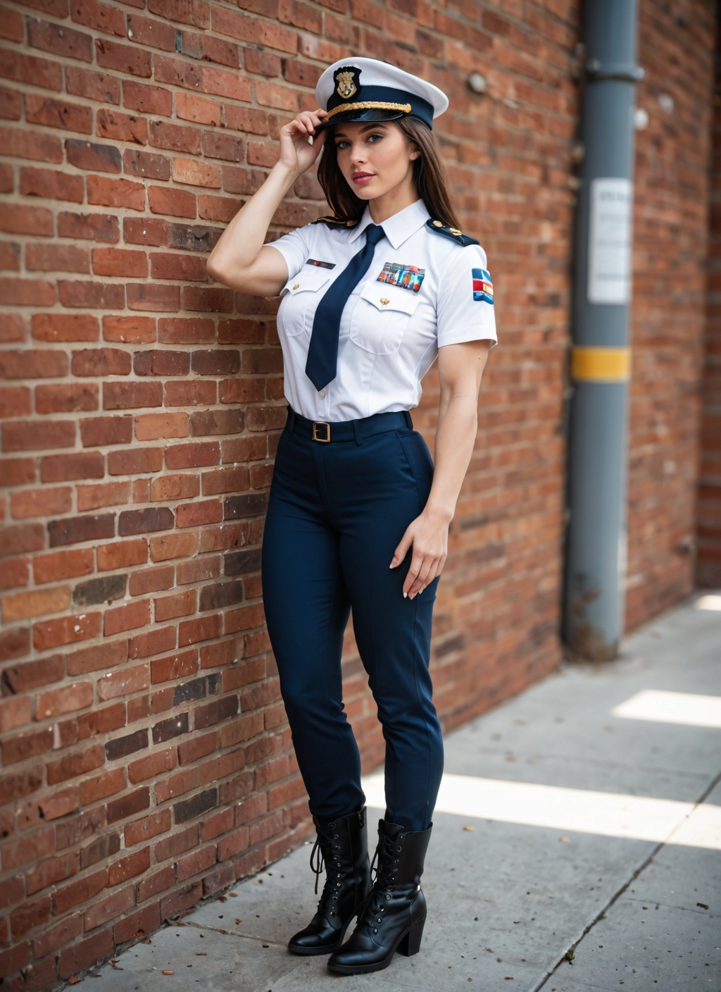 1girl, solo, boots, uniform, brown hair, necktie · Yamete.gg
