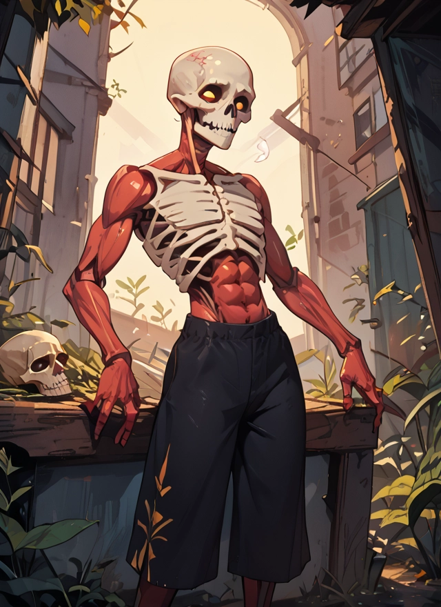 1boy, solo, male focus, abs, skeleton, skull