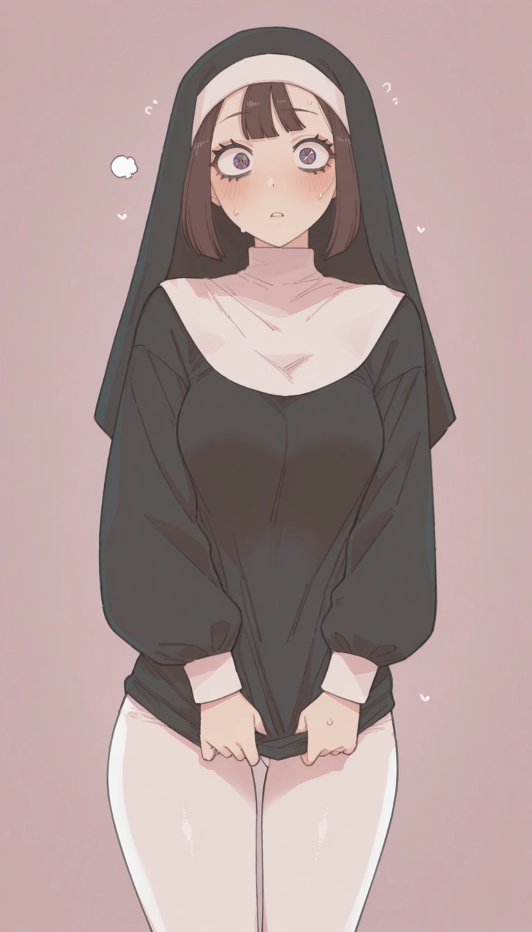 1girl, solo, simple background, nun, blush, brown hair · Yamete.gg
