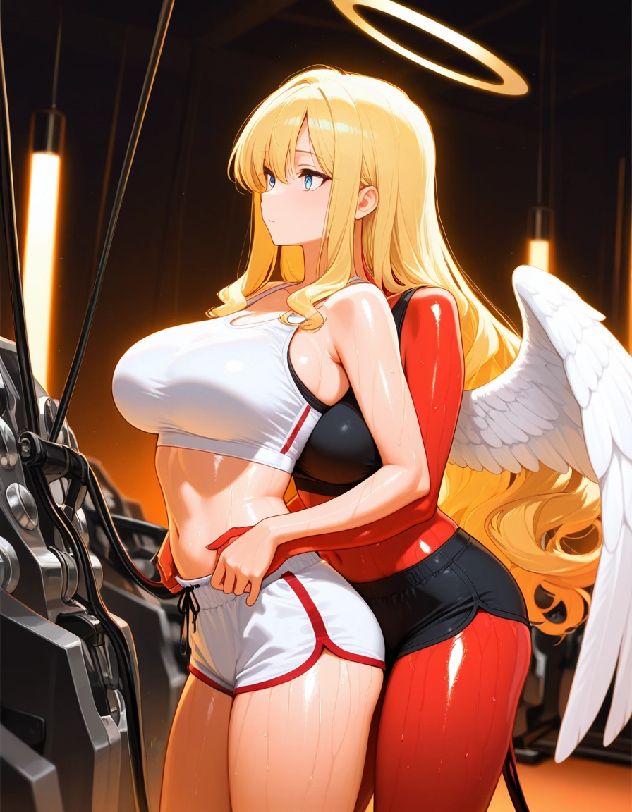 breasts, blonde hair, long hair, wings, blue eyes, halo · Yamete.gg