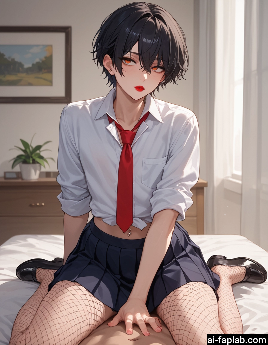 yaoi, skirt, fishnets, necktie, piercing, fishnet legwear · Yamete.gg