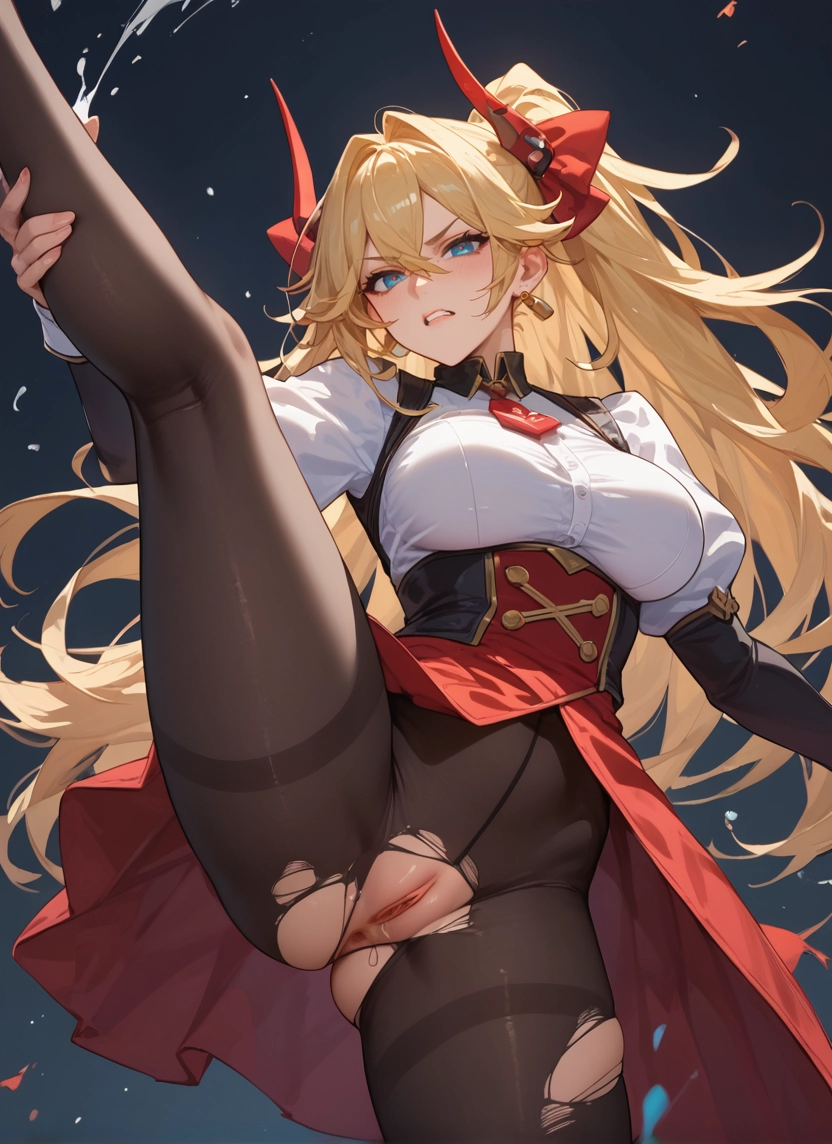 1girl, pantyhose, pussy, torn clothes, blonde hair, solo · Yamete.gg