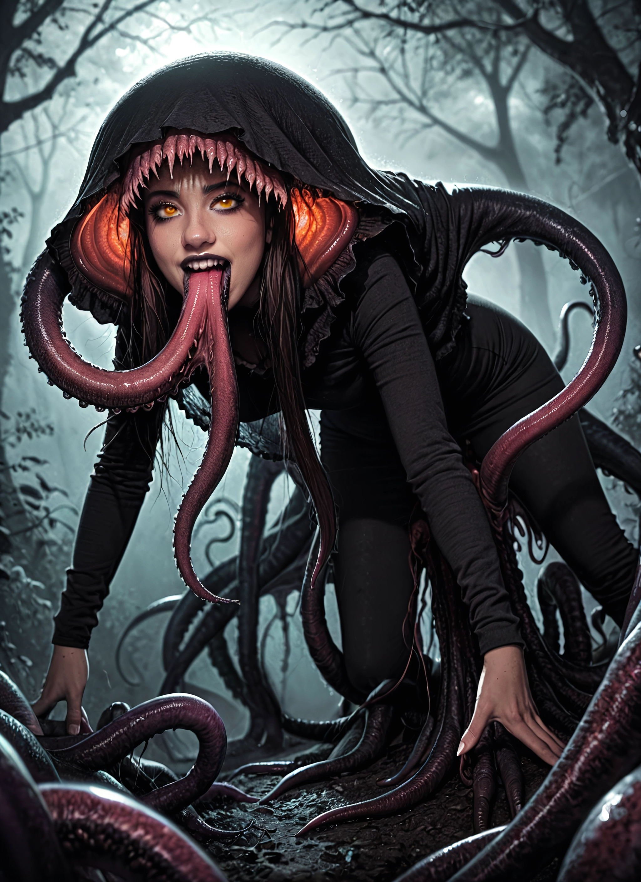 1girl, tentacles, pantyhose, long tongue, teeth, solo · Yamete.gg