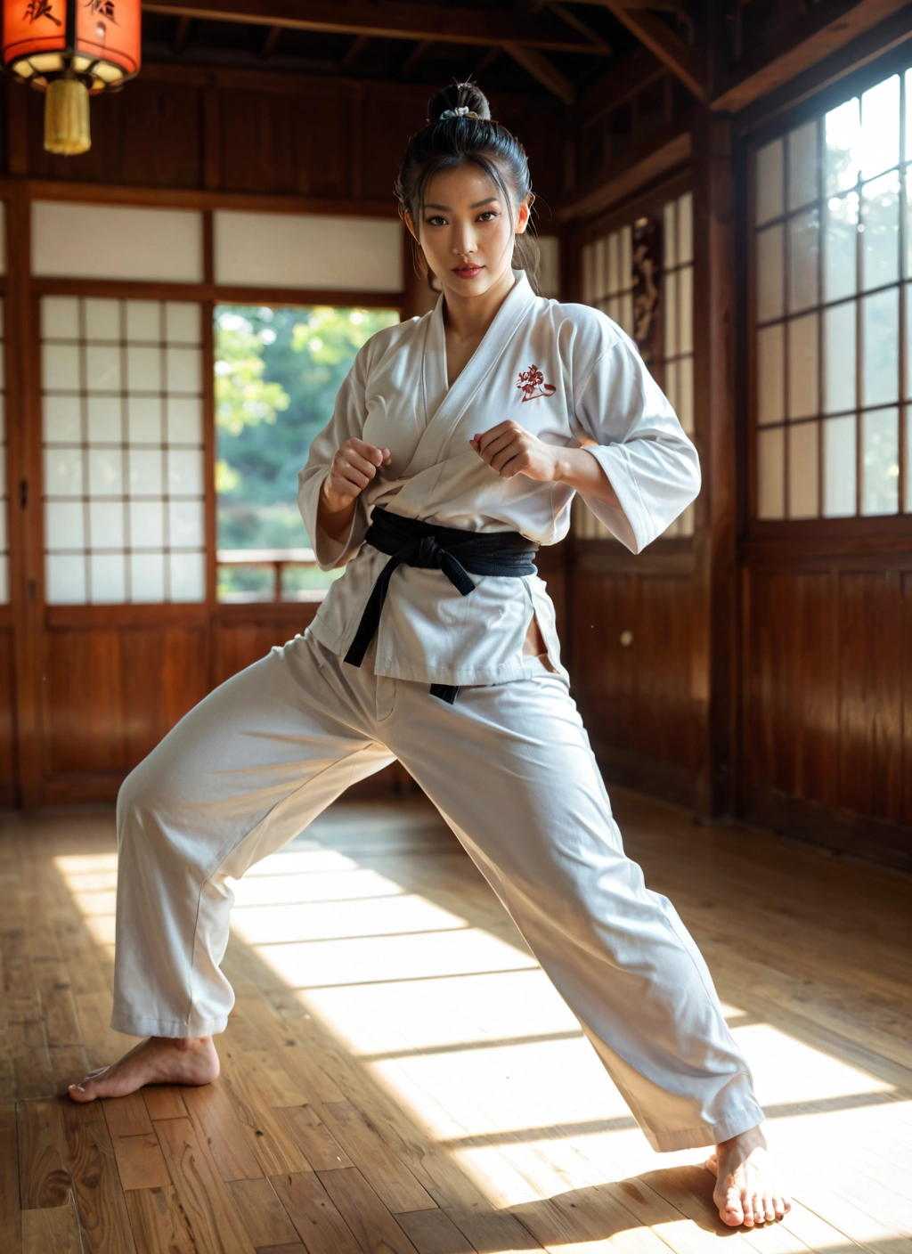 solo, barefoot, 1girl, dougi, fighting stance, japanese clothes