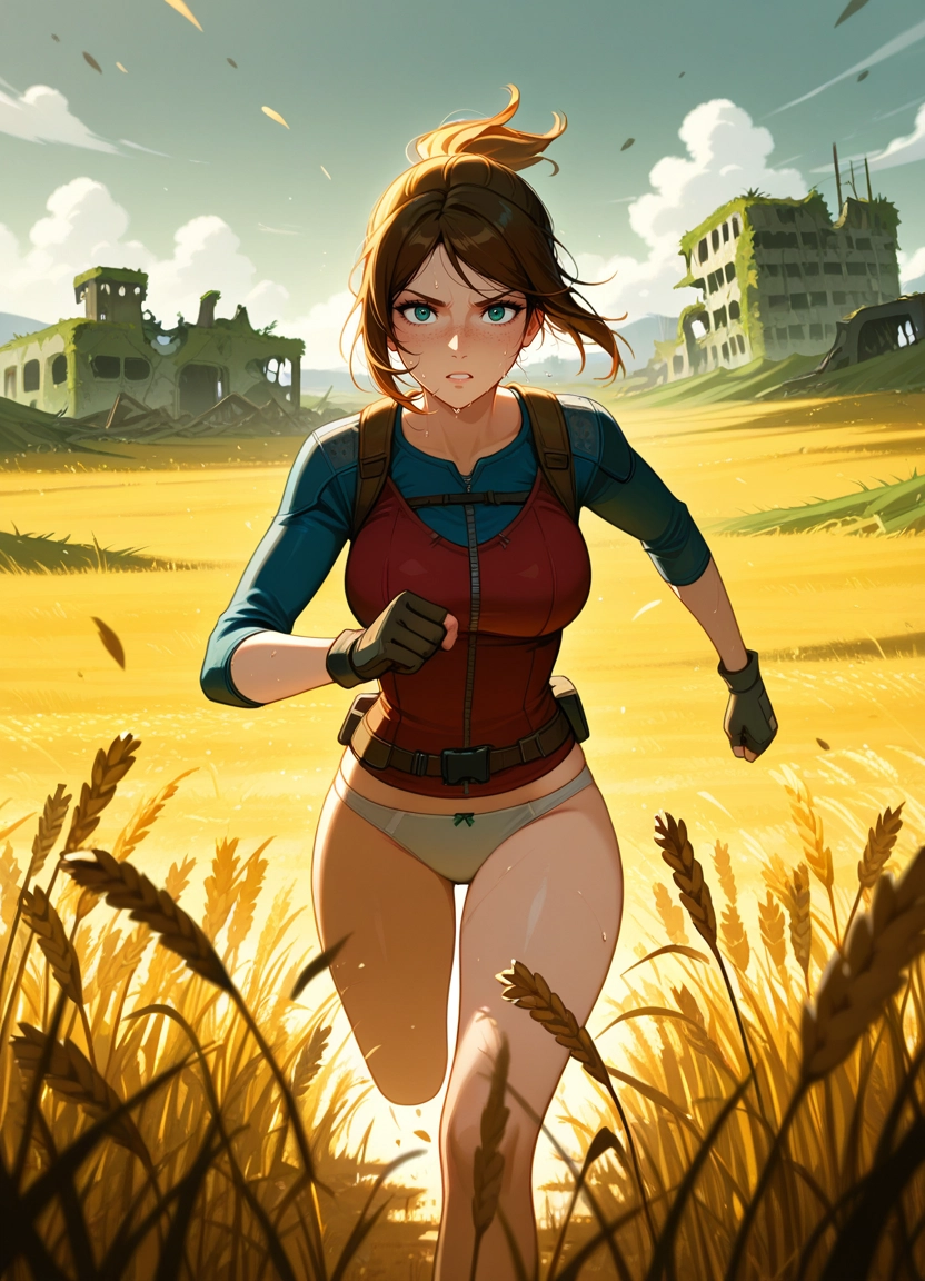 1girl, running, underwear, outdoors, brown hair, panties · Yamete.gg
