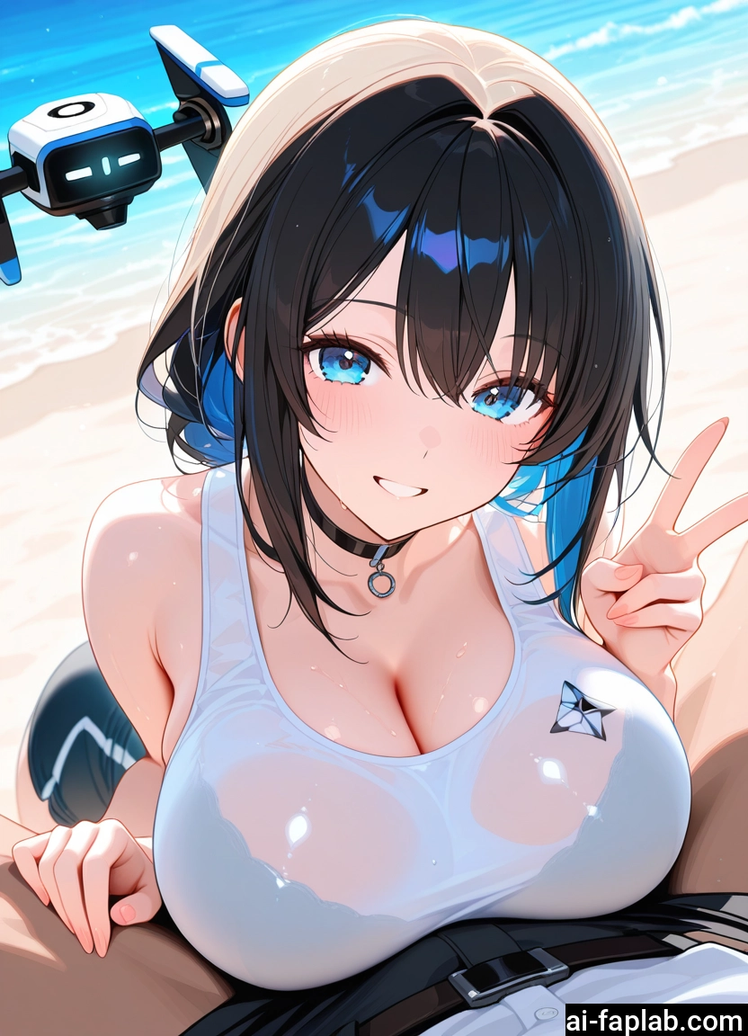breasts, 1girl, blue eyes, smile, large breasts, black hair