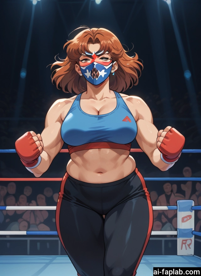 1girl, breasts, gloves, mask, navel, brown hair