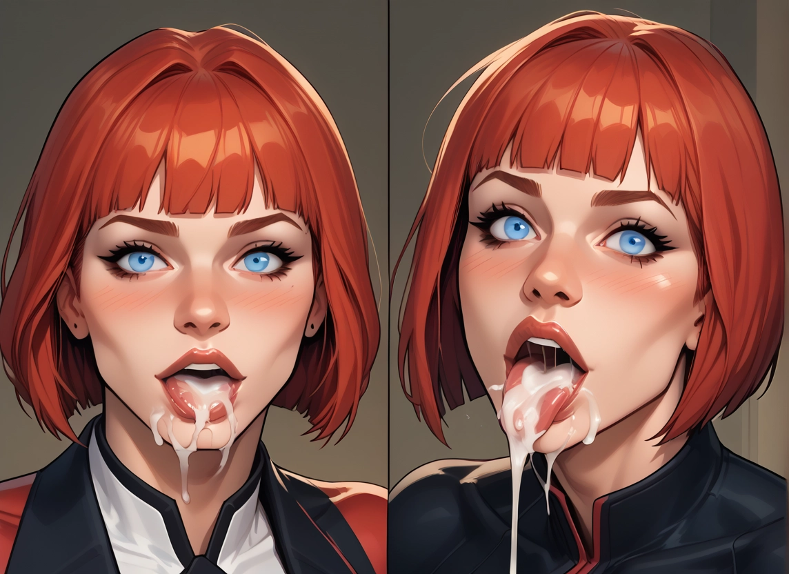 cum, blue eyes, cum in mouth, 1girl, tongue, tongue out · Yamete.gg