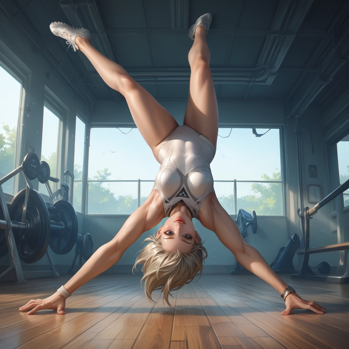 1girl, solo, blue eyes, blonde hair, leotard, upside-down · Yamete.gg