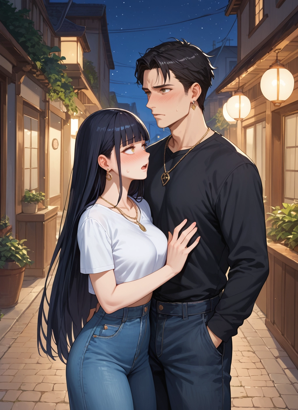 1girl, 1boy, long hair, black hair, jewelry, pants · Yamete.gg