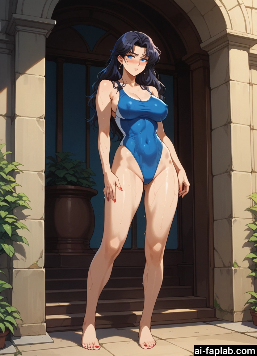 1girl, breasts, swimsuit, blue eyes, solo, barefoot