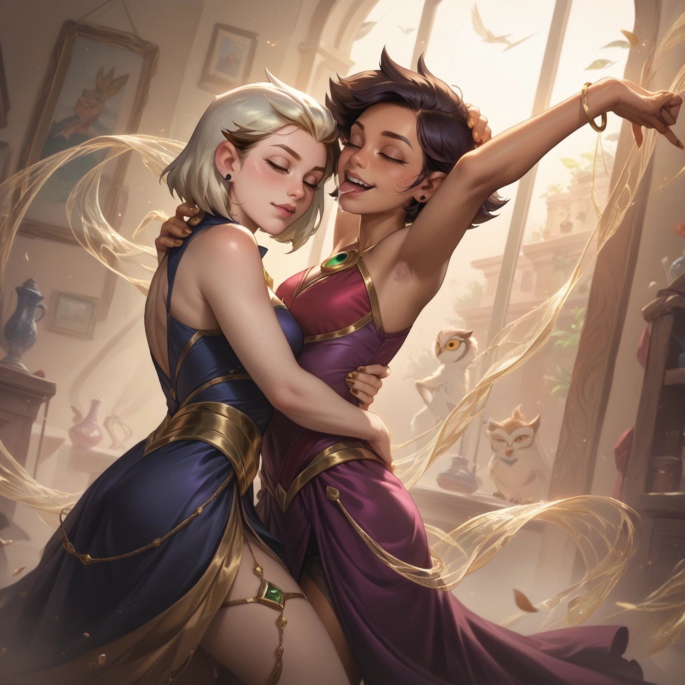 multiple girls, 2girls, dress, jewelry, armpits, short hair · Yamete.gg