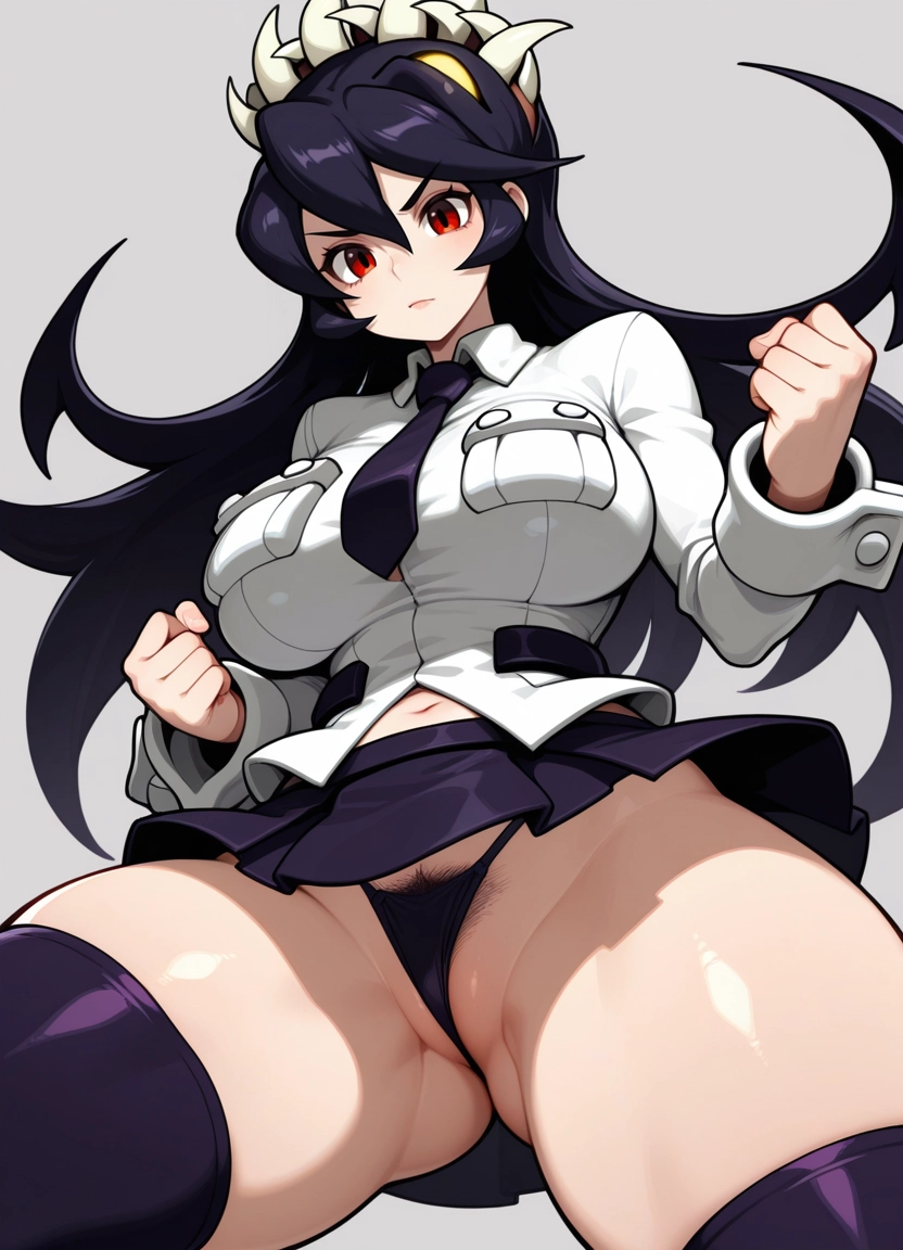 1girl, filia (skullgirls), breasts, solo, pubic hair, red eyes · Yamete.gg