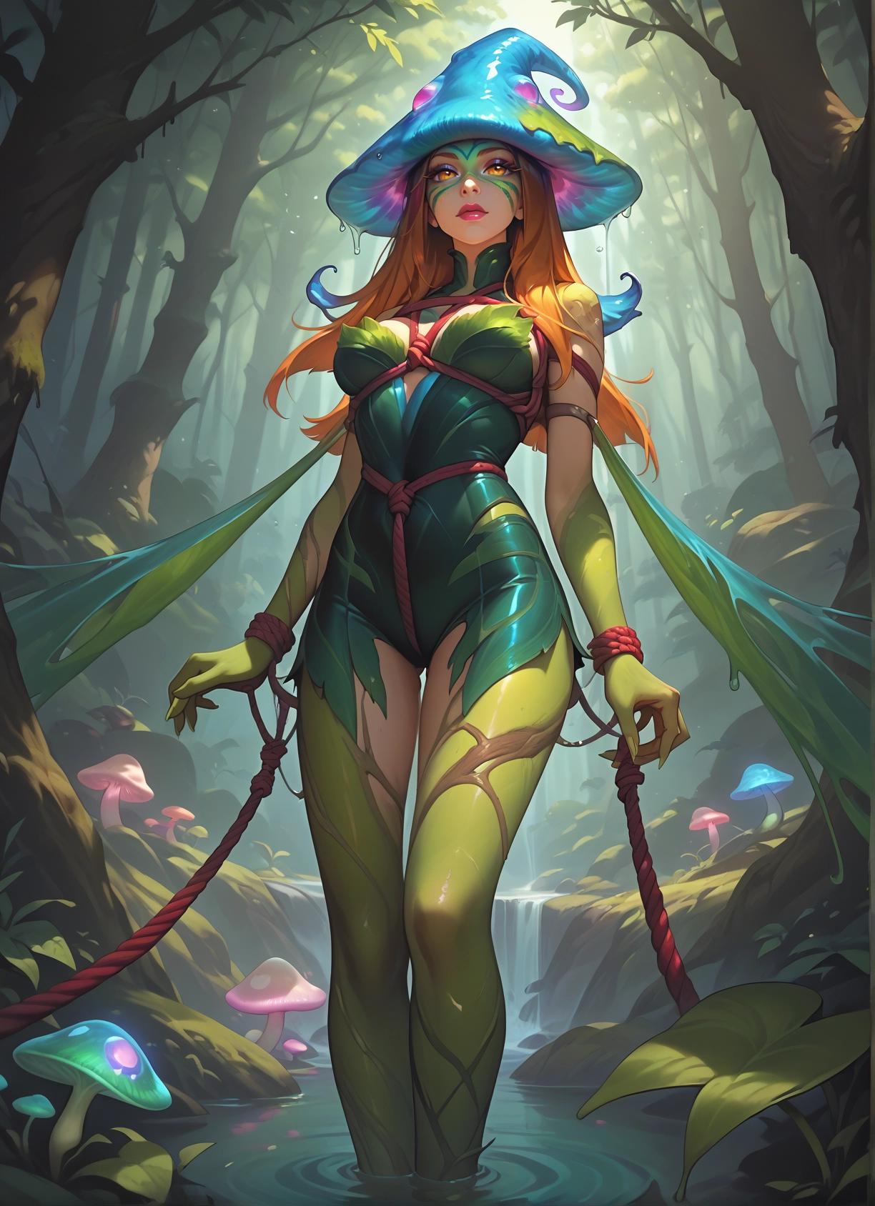 1girl, rope, mushroom, solo, nature, long hair · Yamete.gg