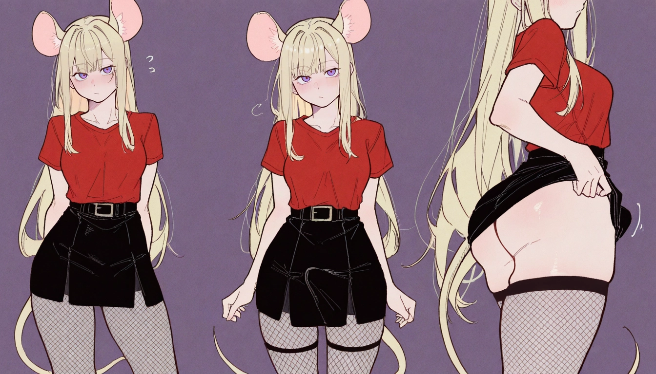 futanari, 1girl, fishnets, mouse ears, purple eyes, shirt · Yamete.gg