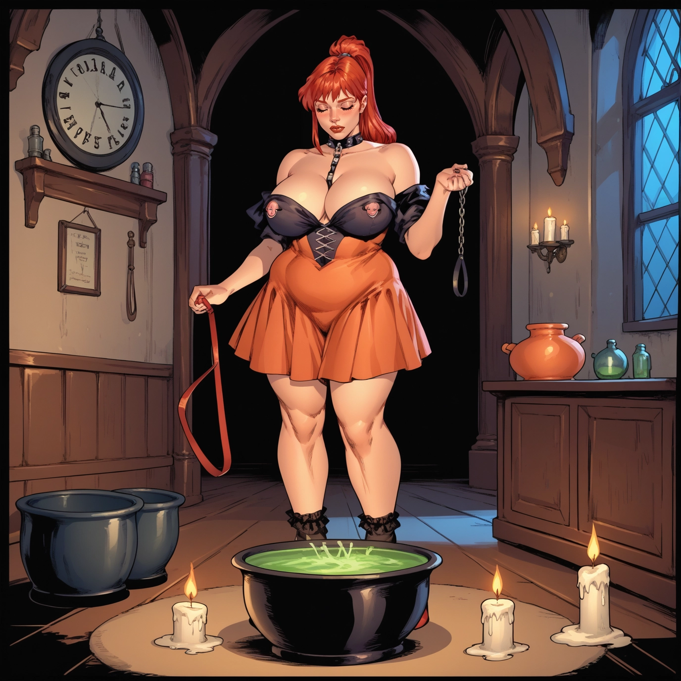 1girl, breasts, candle, clock, solo, collar · Yamete.gg