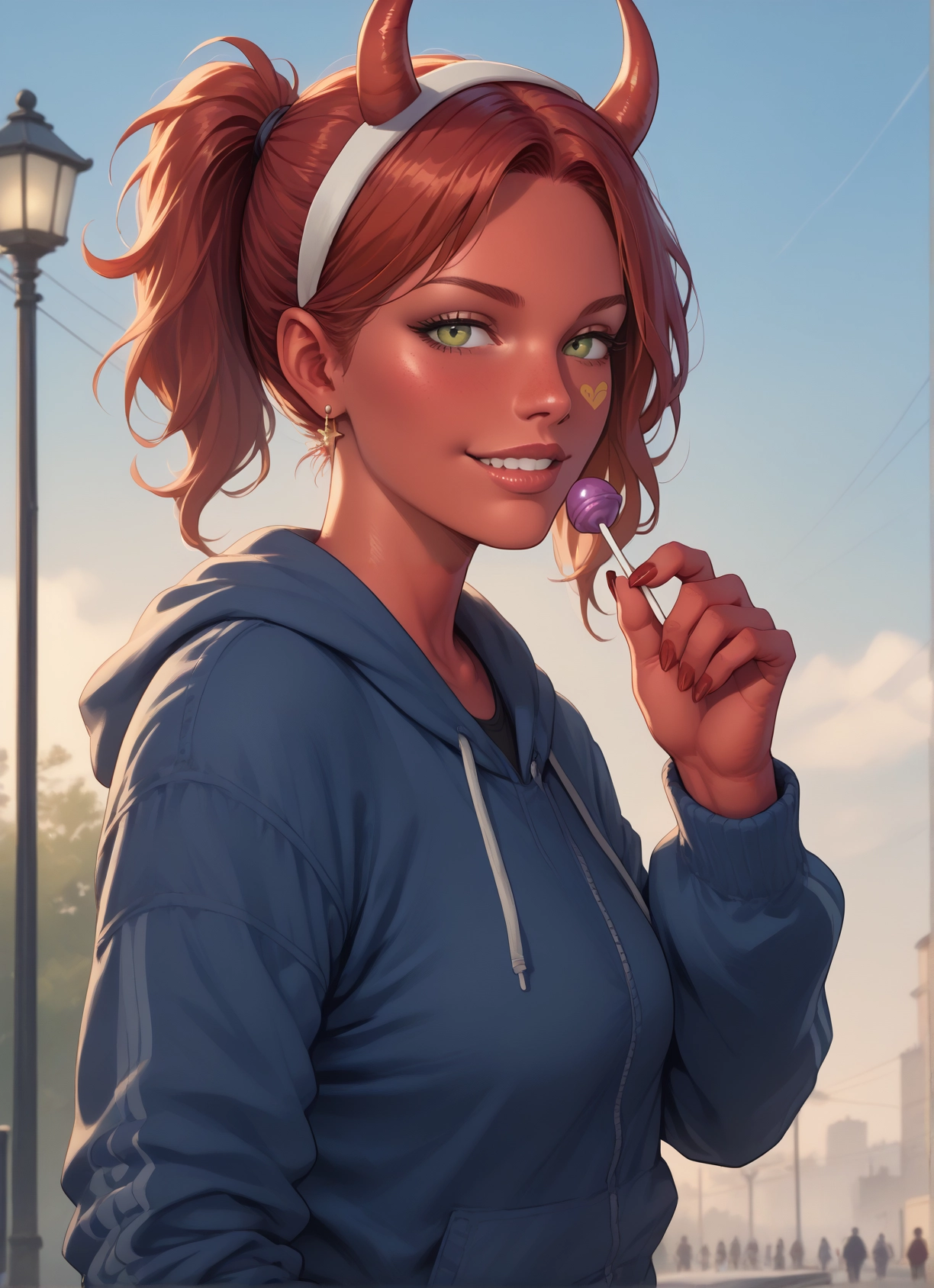 1girl, food, candy, lollipop, horns, hood · Yamete.gg