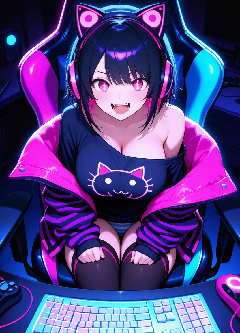 1girl, breasts, solo, sitting, keyboard (computer), headphones · Yamete.gg