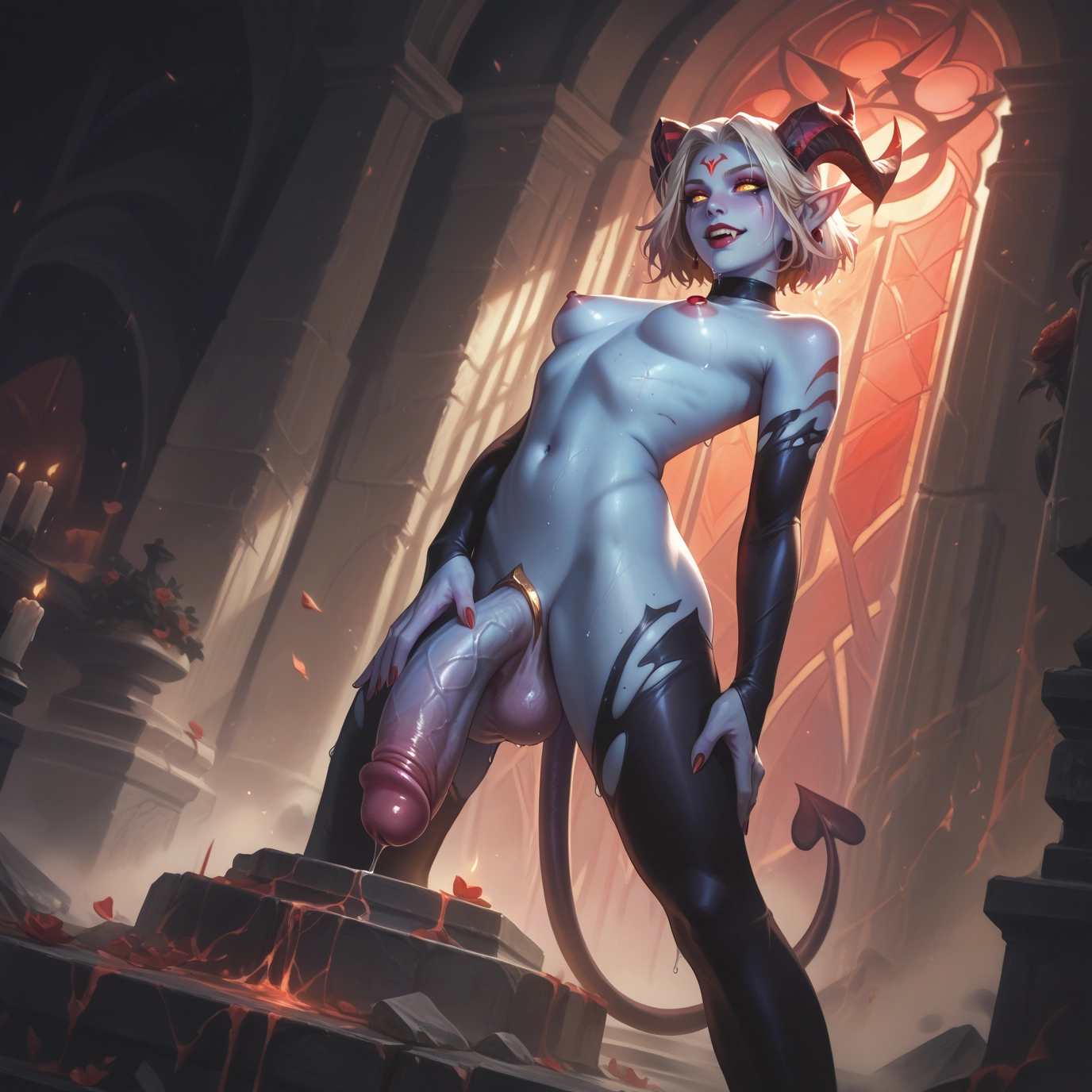 penis, horns, futanari, tail, breasts, solo · Yamete.gg