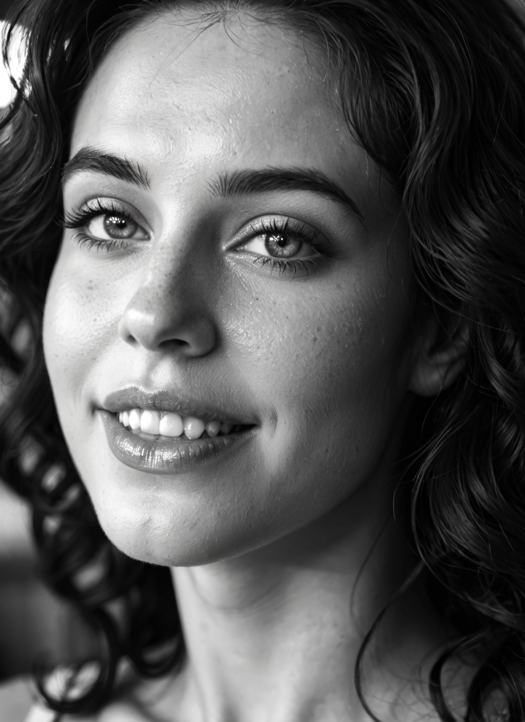 monochrome, greyscale, 1girl, solo, realistic, smile · Yamete.gg