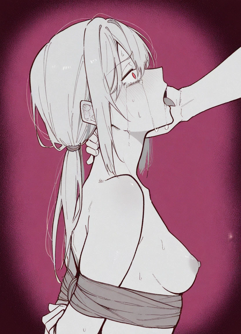 breasts, nipples, bound, tongue, red eyes, tears