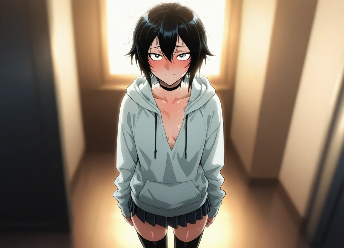 1girl, blush, skirt, solo, black hair, hood · Yamete.gg