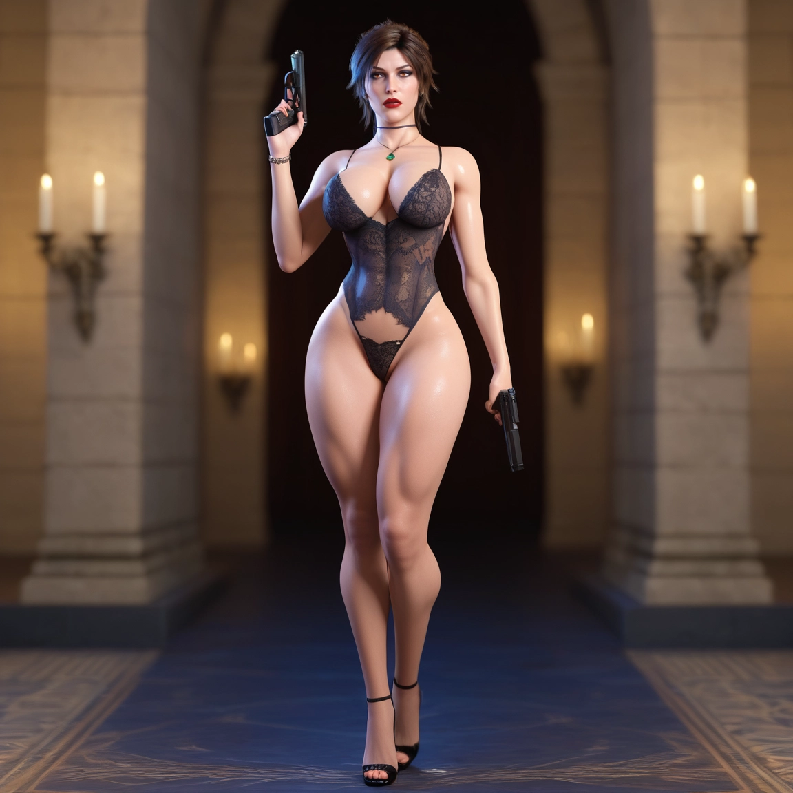 1girl, weapon, gun, breasts, solo, underwear · Yamete.gg