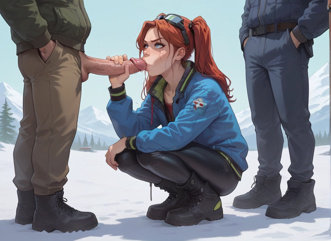 1girl, penis, squatting, 2boys, hetero, pants · Yamete.gg