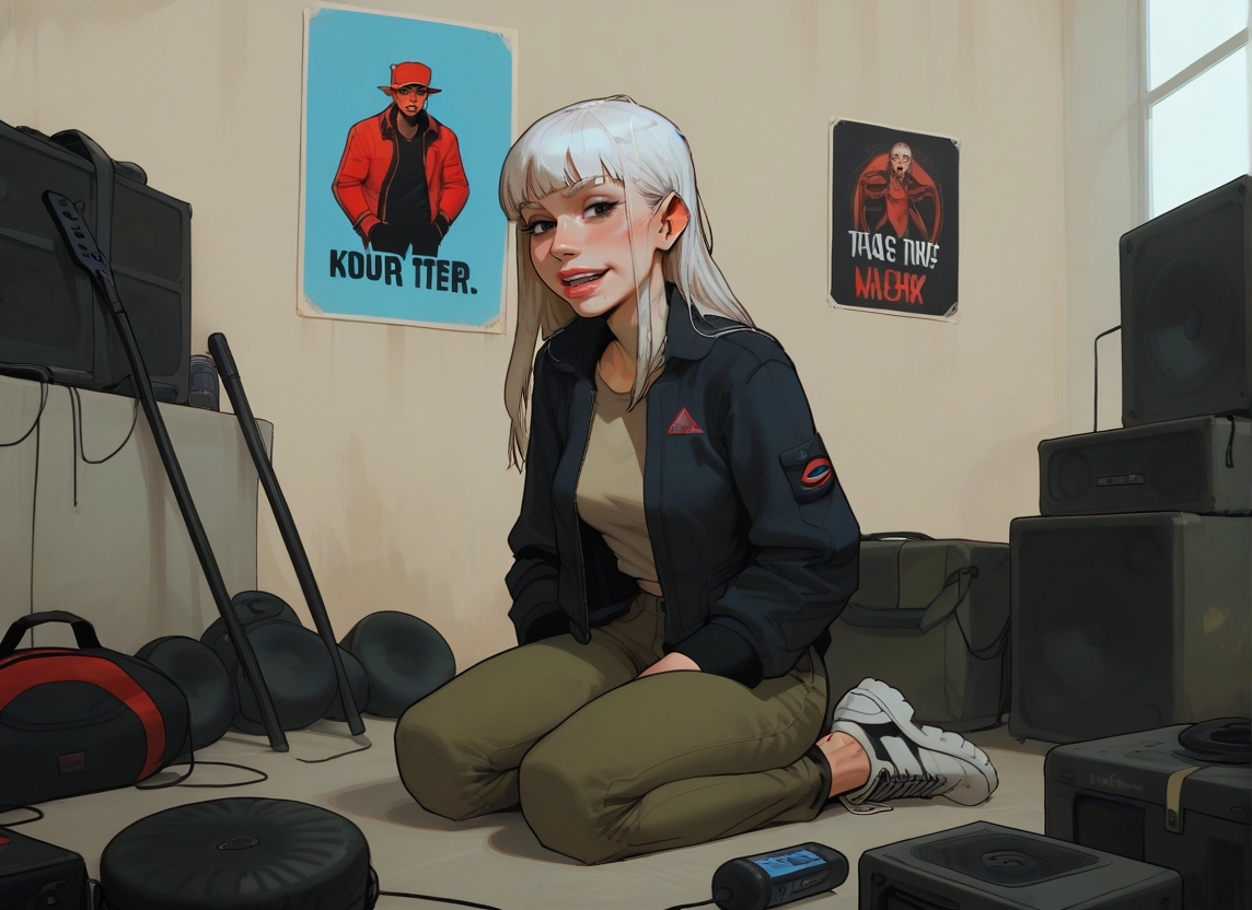 1girl, jacket, pants, shoes, sitting, long hair · Yamete.gg