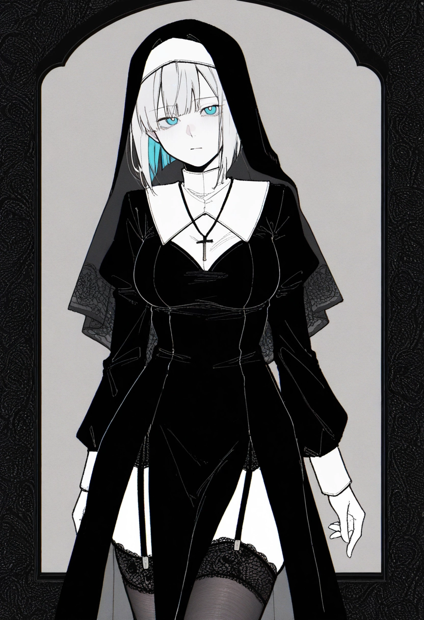 1girl, nun, solo, thighhighs, blue eyes, habit · Yamete.gg