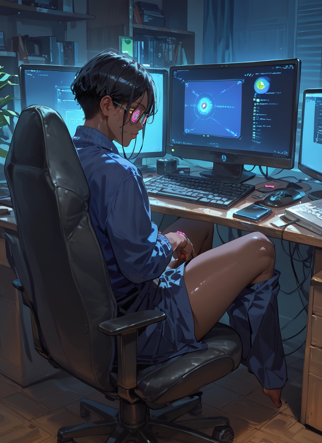 sitting, chair, solo, keyboard (computer), short hair, glasses · Yamete.gg